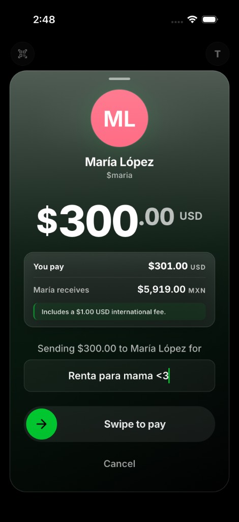 Hoja de confirmación de la app de Pesito para un envío de $300.00 USD a María López: pagas $301.00 USD, María recibe $5,919.00 MXN, e incluye una tarifa internacional de $1.00 USD.