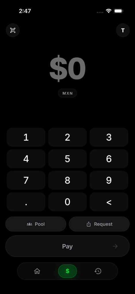 Pantalla de pago de la app de Pesito: el monto en grande en pesos, el teclado numérico, y las acciones de juntar dinero, solicitar y pagar.